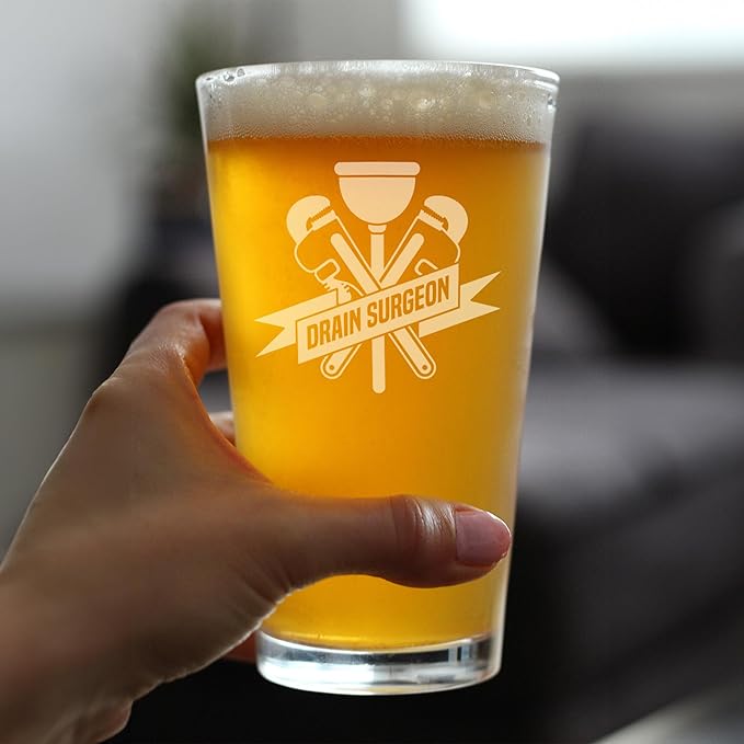 Bevvee Drain Surgeon - Pint Glass for Beer - Funny Plumber Gifts for Men and Women - Set of 2-16 oz Glasses