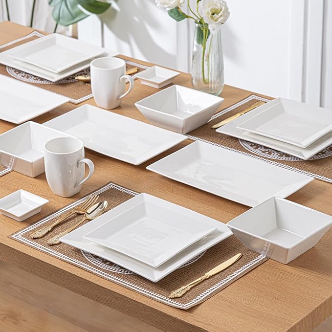 Porlien 16-Piece Classic Square Dinnerware Set for 4-Square Dinner Plates, Dessert Plates, Bowls & Dipping Saucers, Off White Dishes for 4