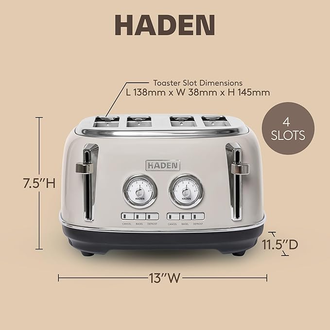 Haden Dorset 4-Slice Wide-Slot Toaster, Stainless-Steel Bread Toaster with Adjustable Browning Control, Crumb Tray & Non-Slip Feet, Putty & Chrome