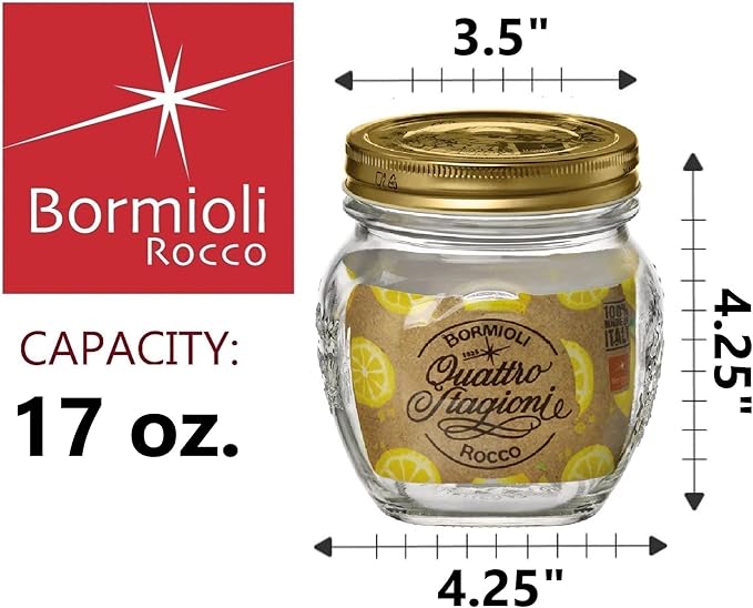 Bormioli Rocco Quattro Stagioni Amphora Small Glass Canning Jar with Lid, 17 oz., Set of 12