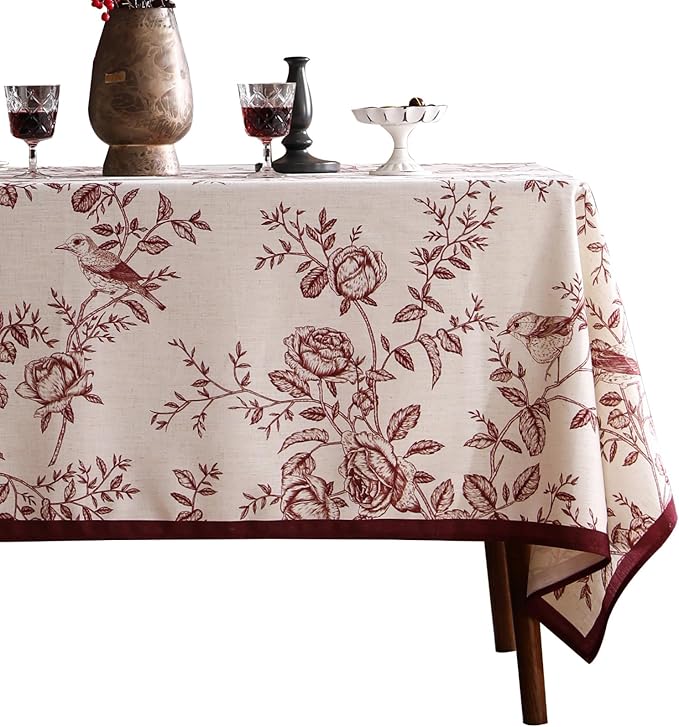 ISAENNE Designer Vintage Linen Extra Long Rectangle Tablecloth,Red Floral Pattern Linen Stain Resistant Table Cloth,Decor Tablecloths for Dining Thanksgiving Kitchen Party,63"*110"-Harmony