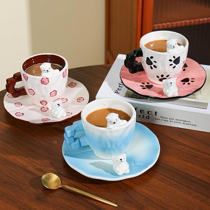 Cute Ceramic Coffee Mug, Handmade Polar Bear Tea Cups and Saucers for Women Tea Party, Latte Milk Cappuccino 8OZ (Pink Polka Dots)