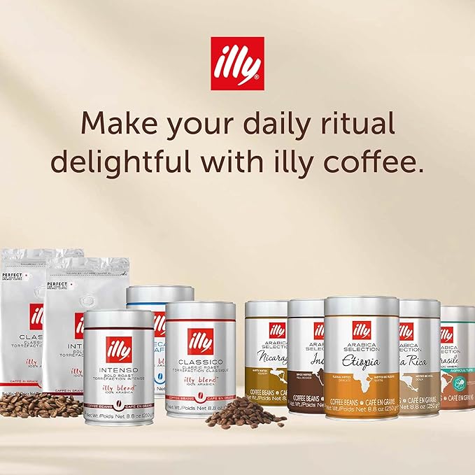 illy Whole Bean Coffee, Classico Medium & Intenso Dark Roasts, 100% Arabica, Premium Italian Coffee, Ideal for Espresso, Drip, Moka and French Press Brewing, 8.8oz, 6 Variety Pack