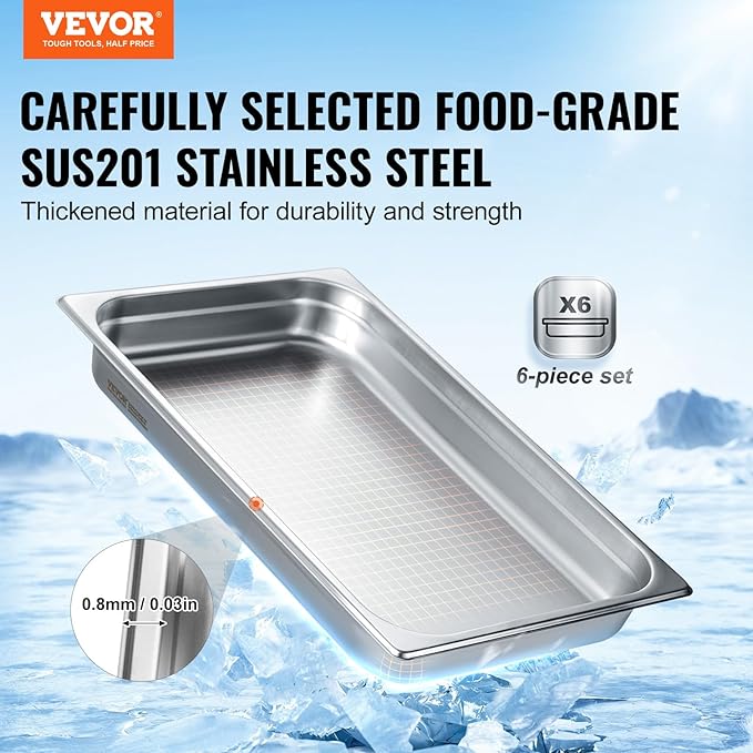 VEVOR 6 Pack Stainless Steel Hotel Pans,2.5-Inch Deep 0.8mm Thick Commercial Food Pans, Anti-Jam Catering Trays for Steam Tables, for Home, Party, Restaurant, Hotel, Buffet