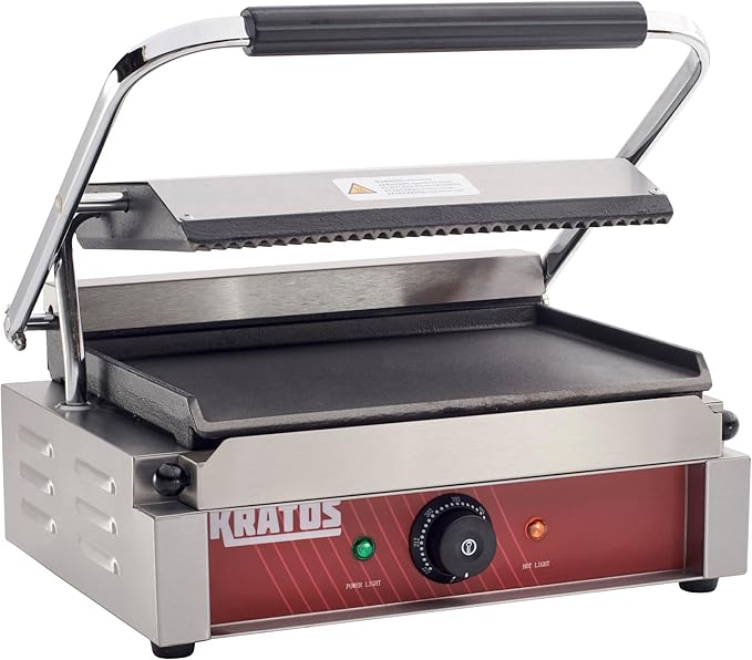 Kratos Commercial Electric Panini Sandwich Grill with Grooved Top and Smooth Bottom Plates, 14" x 9" Cooking Surface, Commercial Countertop Panini Press, 120V, 1750W (29Y-022)