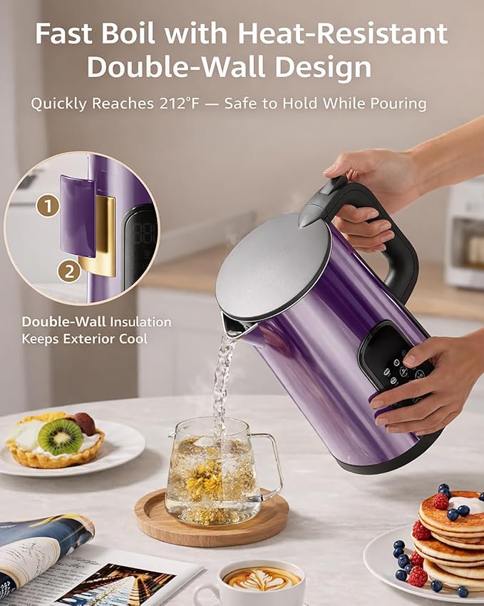 Electric Kettle with Temperature Control, 1.7L Stainless Steel Hot Water Kettle, 5 Presets for Tea & Coffee, 2H Keep Warm, Fast Boil, Auto Shut-Off & Boil-Dry Protection, Cordless Tea Kettle,Purple
