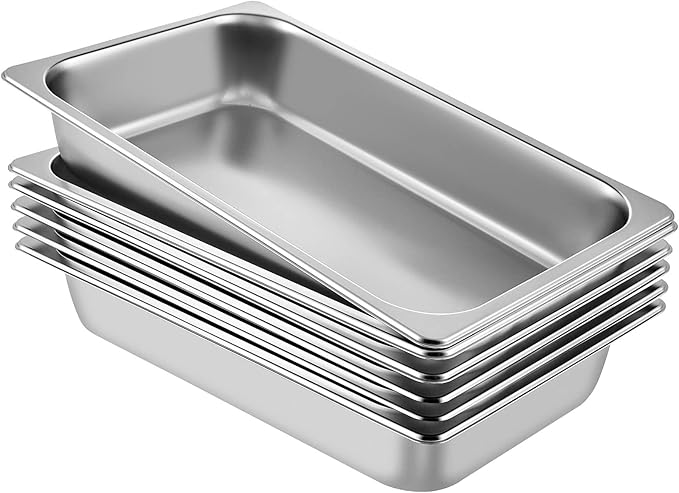 VEVOR Hotel Pans Full Size 4-Inch Deep, Steam Table Pan 6 Pack,0.8mm Thick Stainless Steel Anti Jam Steam Table Pan for Home, Party, Restaurant, Hotel, Buffet
