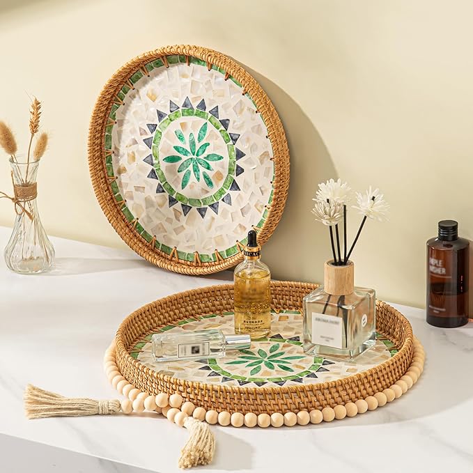 Set of 2 Round Rattan Tray Home Decor, Wicker Serving Tray with Mother of Pearl Inlay, Boho Decorative Tray for Coffee Table, Display, Ottoman, Kitchen Table (Green)