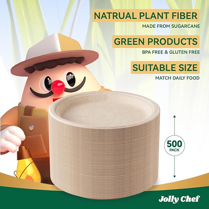 JOLLY CHEF Compostable Heavy Duty Plates 𝟭𝟬 𝗜𝗻𝗰𝗵 [𝟱𝟬𝟬 𝗣𝗮𝗰𝗸] Eco-Friendly Disposable Paper Plates Natural Bagasse Biodegradable Sugarcane Bulk for Party Hot Cold Dinner Christmas (Brown)