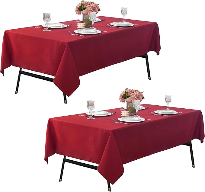 2-Pack 60x102 inch Burgundy Table Cloths, Solid Stain and Wrinkle Resistant Oblong Tablecloth, Premium Plain Weave Polyester Fabric Rectangle Table Linen Covers for Hotel, Wedding