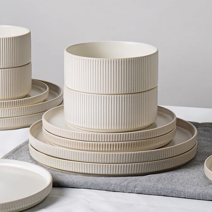 Dinnerware Set Service for 4, 12-Piece Ceramic Plates and Bowls Set, Chip & Scratch Resistant, Microwave and Dishwasher Safe, Modern Minimalist Tableware for Everyday Use, Matte White