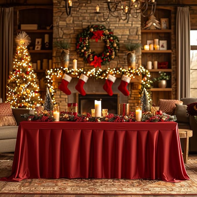 Red Spandex Tablecloth with Skirt for 6FT Tables – Wrinkle-Free, Stretch Fitted Elastic Cover – Rectangle Table Cloth for Christmas Banquets Parties Buffets Restaurants