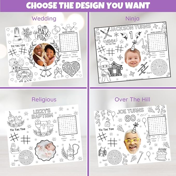 Custom Coloring Placemat Activity Sheets, Personalized Birthday Party Favors for Childrens Table Decorations, Set of 12 Coloring Pages