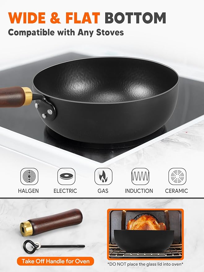 Carbon Steel Wok, 9.5" Bi-Thickness Authentic Chinese Woks & Stir-Fry Pans, Saute Pan with Lid, Deep Fry Pan Flat Bottom Small Wok for 1-2 Servings