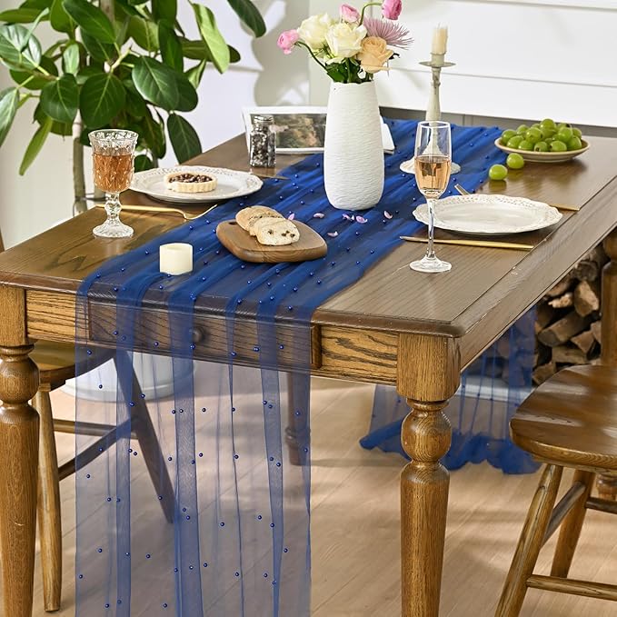 Artoid Mode Pearl Light Bule Gauze Table Runner 120 Inch, Seasonal Sheer Dining Holiday Wedding Birthday Baby Shower Table Decor for Home Party