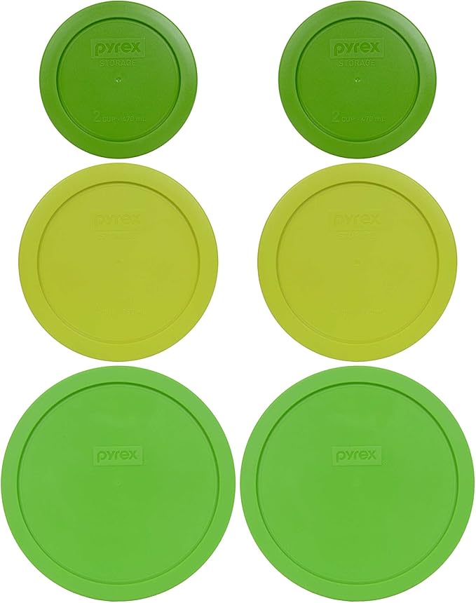 Pyrex (2) 7402-PC 6/7-Cup Green, (2) 7201-PC 4-Cup Edamame Green, and (2) 7200-PC 2-Cup Lawn Green Replacement Lids - Made in USA