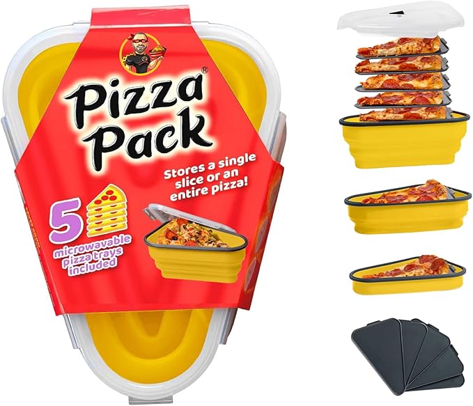The Perfect Pizza Pack™ - Reusable Pizza Storage Container with 5 Microwavable Serving Trays - BPA-Free Adjustable Pizza Slice Container to Organize & Save Space, Yellow