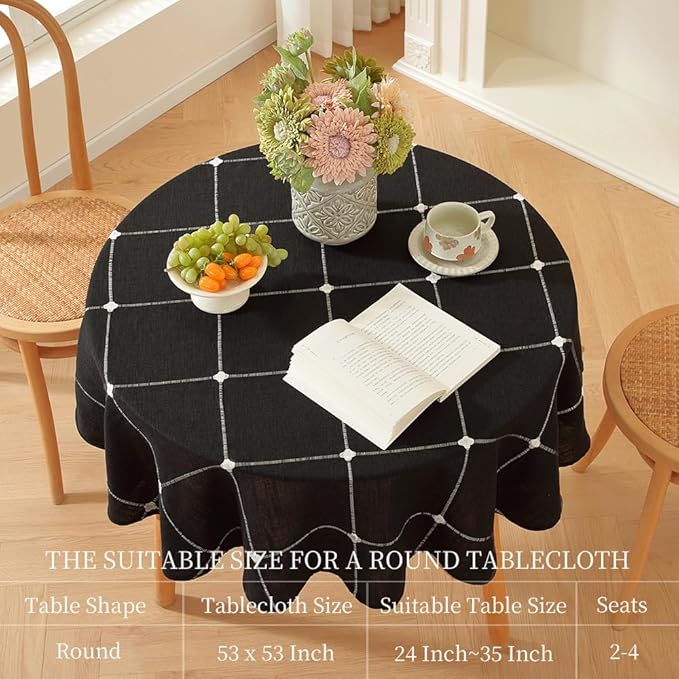 Zobesta Linen Table Cloth Round Tablecloth 53 inch, Washable Farmhouse Soft Boho Black Plaid Round Table Cloth for Party, Holiday, Picnic, Dining, Outdoor