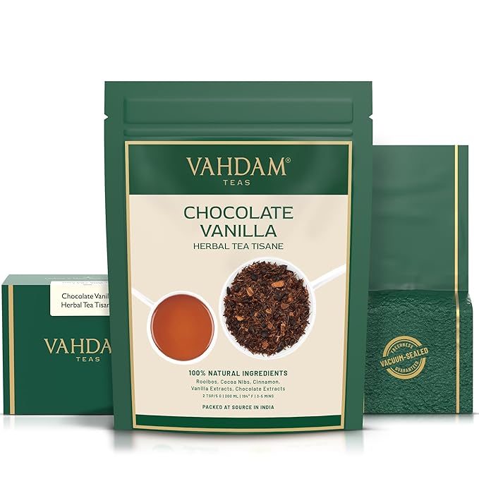 VAHDAM Chocolate Vanilla Herbal Tea (3.5 oz, 50+ Cups) | Rooibos, Chocolate, Vanilla | Loose-Leaf, Vacuum Sealed for Freshness