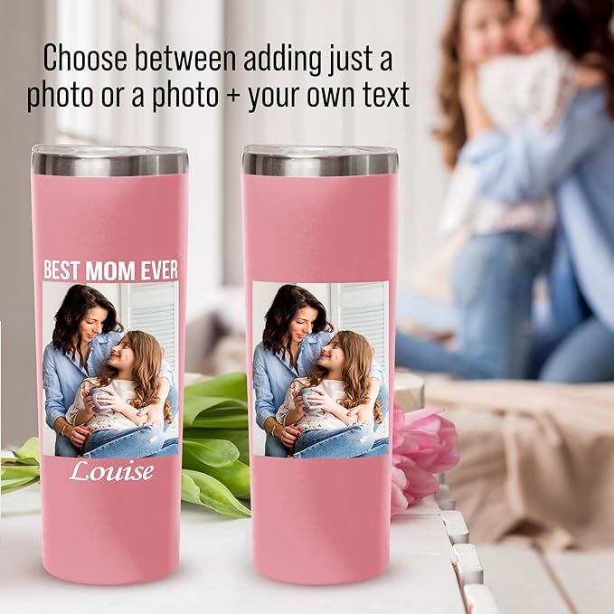 Custom photo tumbler with lids, personalized 20oz insulated drinking pictures thermal hot & cold beverages cups, skinny metal coated thermo gift for couples women & men, memorial, birthdays (Pictures)