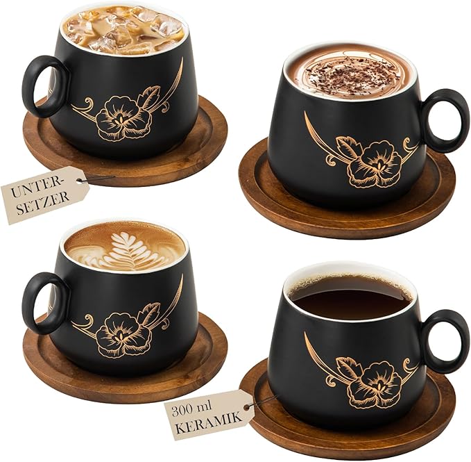 Yundu 10oz Cappuccino Cups & Wooden Saucers Set with Gold Floral Art, Latte Art Cup for Espresso, Coffee & Tea, Modern Matte Black Ceramic Tea Cup Set of 4