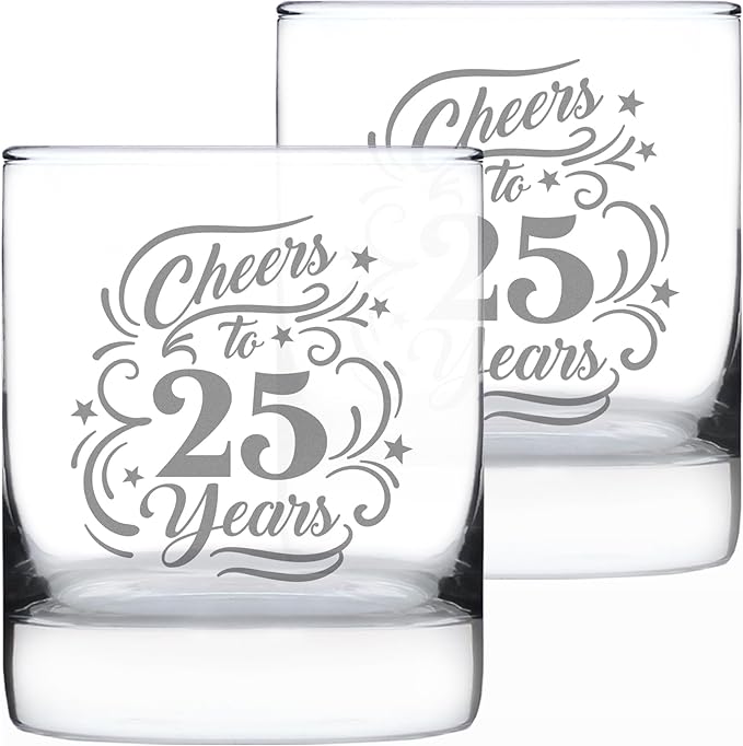 Bevvee Cheers to 25 Years - Whiskey Rocks Glass Gifts for Women & Men - 25th Anniversary Party Decor - Set of 2-10.25 Oz Glasses