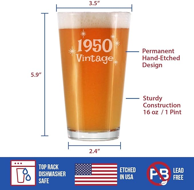 Bevvee Vintage 1950 Pint Glass for Beer - 76th Birthday Gifts for Men or Women Turning 76 - Fun Bday Party Decor - 16 oz