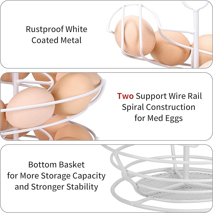 White Spiral Egg Holder Countertop, Metal Egg Skelter, Egg Dispenser Rack with Storage Basket for Countertop, Kitchen