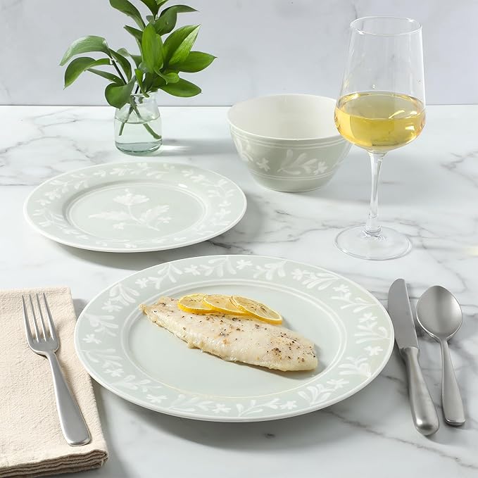 Martha Stewart Maiden Crown 12-Piece Sage Green Dinnerware Set – New Bone China Ceramic Plates & Bowls – Floral Design – Service for 4 – Microwave & Dishwasher Safe