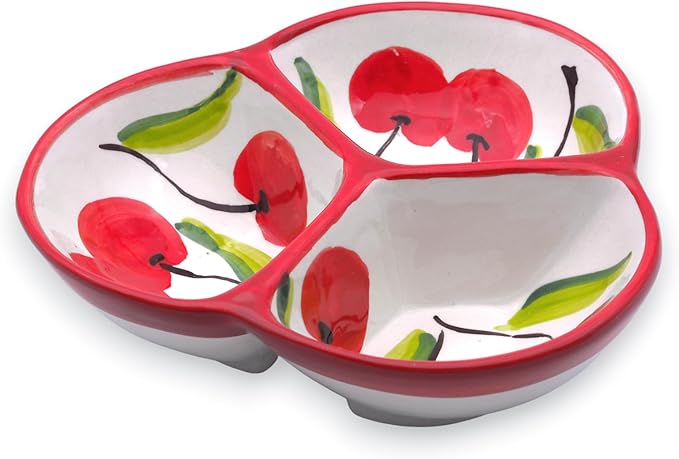 Ceramic Chip & Dip Bowl 7.5”, 3-Compartment Divided Serving Dish & Condiment Tray for Appetizers – Handmade in Spain, Lead-Free Glaze, Microwave, Oven & Dishwasher Safe