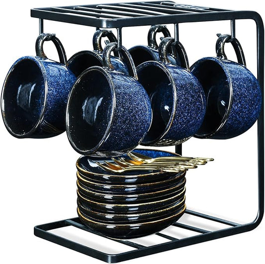 vicrays Ceramic Espresso Coffee Cups Set 4 oz Porcelain Espresso Cups with Saucers Spoons and Metal Stand for Tea Cafe Cappuccino Latte - Set of 6 - Blue