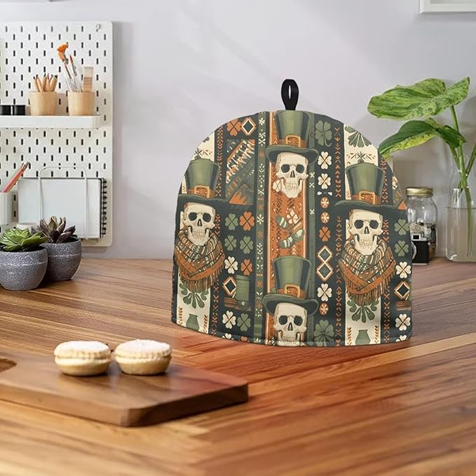 Green Top Hat Tea Pot Cozy for Keeping Warm Dust Proof Human Skeleton Tea Cup Warmer Cozy Kitchen Accessory Shamrock Teapot Insulation Cover for St. Patrick's Day