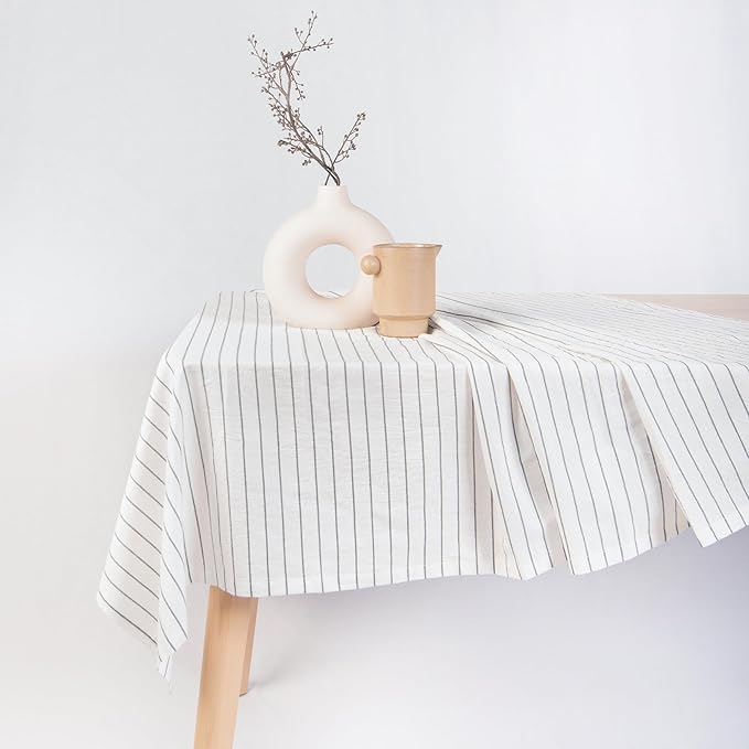 MONDAY MOOSE Striped Farmhouse Picnic Style Decoration Rectangle Natural Stonewashed Cotton Tablecloth for Kitchen, Dining Room, Restaurant (60x86 inch, White/Black Stripes)