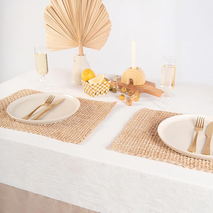 MONDAY MOOSE Farmhouse Rustic Picnic Style Decoration Rectangle Natural Stonewashed Cotton Tablecloth for Kitchen, Dining Room, Restaurant (60x102 inch, White/Beige)