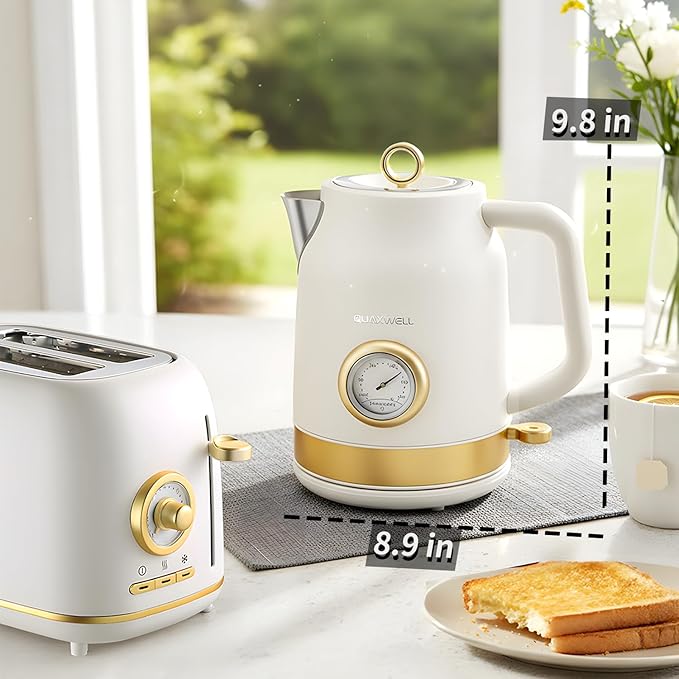 Retro Electric Kettle, 1.7L 304 Stainless Steel Tea Kettle with Temperature Gauge, 1500W Fast Boiling Water Boiler,Auto Shut-Off & Boil-Dry Protection, BPA-Free, Matte White and Gold