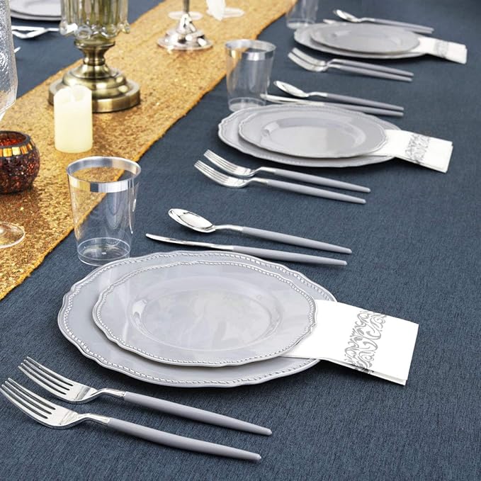 Hioasis 175pcs Grey Plastic Plates&Silver Disposable Silverware with Grey Handle&Clear Cups&Napkins Served for 25 Guests-Grey and Silver Dinnerware for Weddings&Parties,Holiday Events