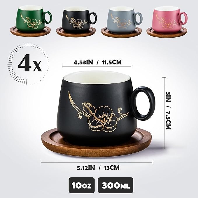 Yundu 10oz Cappuccino Cups & Wooden Saucers Set with Gold Floral Art, Latte Art Cup for Espresso, Coffee & Tea, Modern Matte Ceramic Tea Cup Set of 4
