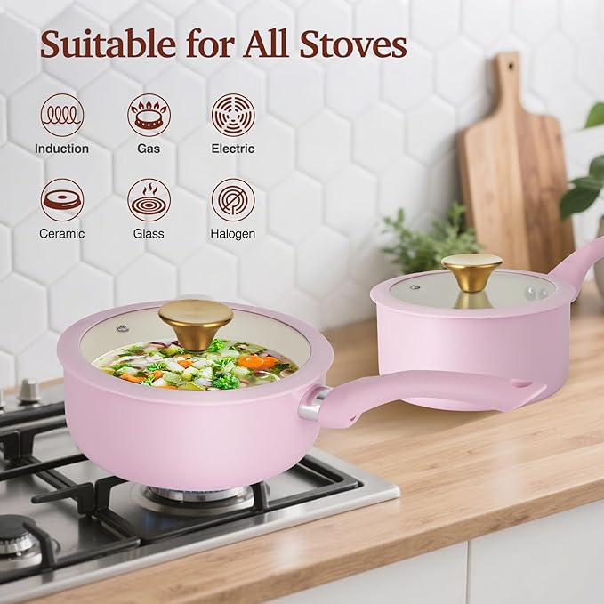 Pots and Pans Set Non Stick, Pink Ceramic Cookware Set, 11-Piece Induction Cookware, Non Toxic Healthy Kitchen Cooking Set, Gold Knobs Lids, Stay-Cool Handles