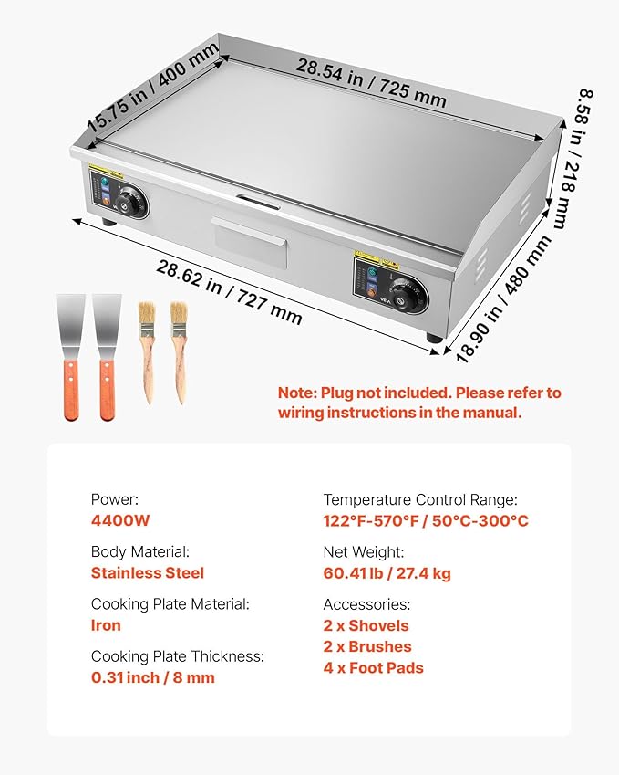 VEVOR Commercial Electric Griddle, 28.54 x 15.75 in, 4400W, 122-570°F Adjustable Temp Control, Stainless Steel Countertop Full Flat Top Grill with 2 Spatulas and 2 Brushes, for Steak, Pancake, Squid
