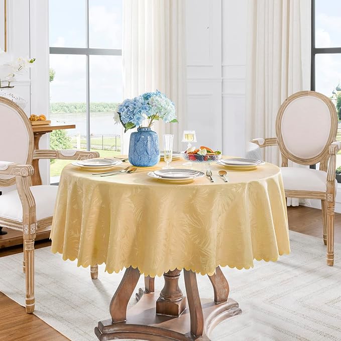 Round Tablecloth 80 Inch Fabric Table cloth Leaves Pattern Scalloped Edge Silky Soft Tablecloth Waterproof Wrinkle Resistant Washable Table Cover Dinning Party Banquet Decoration (Golden)