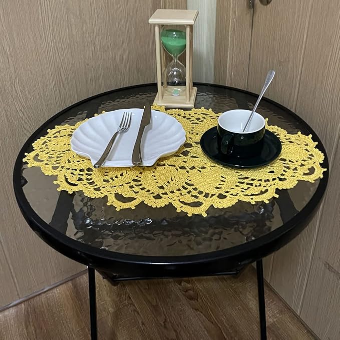 BIBITIME Lace Tablecloth Doily Handmade Crochet Placemat Women Vase Mat Kitchen Table Runner (2PCS- 12 x 22 in, Yellow)