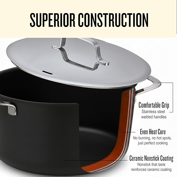 Alva Maestro 4.5-Quart Ceramic Coated Nonstick Stock Pot with Lid – Oven & Induction Safe Cookware – Made Without PFAS, PFOA & PTFE – Toxin-Free, Scratch-Resistant, Easy to Clean, Black