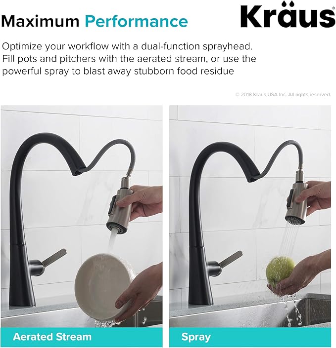 Kraus KPF-1673SFSMB Nolen Dual Function Pull, Faucets for Kitchen Sinks, Single-Handle, 16 3/8 Inch, Spot Free Stainless Steel/Matte Black