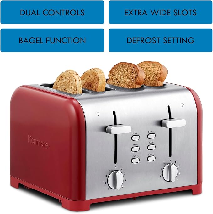 Kenmore toaster 4 slice - extra wide slot countertop kitchen appliance, defrost function, tostador de pan, 9 shade settings, compact design, easy clean crumb tray, bread bagel, stainless steel & Red