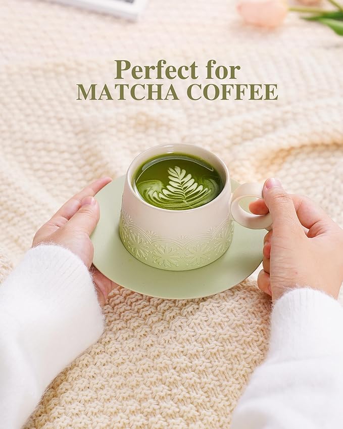 ZENS 7.3 Ounce Cappuccino Mug Set of 2, Artistic Embossed Ceramic Cappuccino Cups with Saucers for Cafe Matcha, Double Espresso Cups Set of 2 for Au Lait or Tea, Coffee Lovers Gifts, Pale Green
