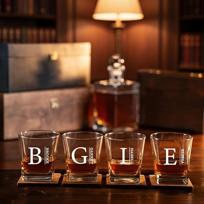 Personalized Engraved Whiskey Glass 10.25 oz – Etched Bourbon Glass with Heavy Base, Old Fashioned Cocktail Glass, Groomsmen & Father’s Day Gift (Whiskey Design 3)