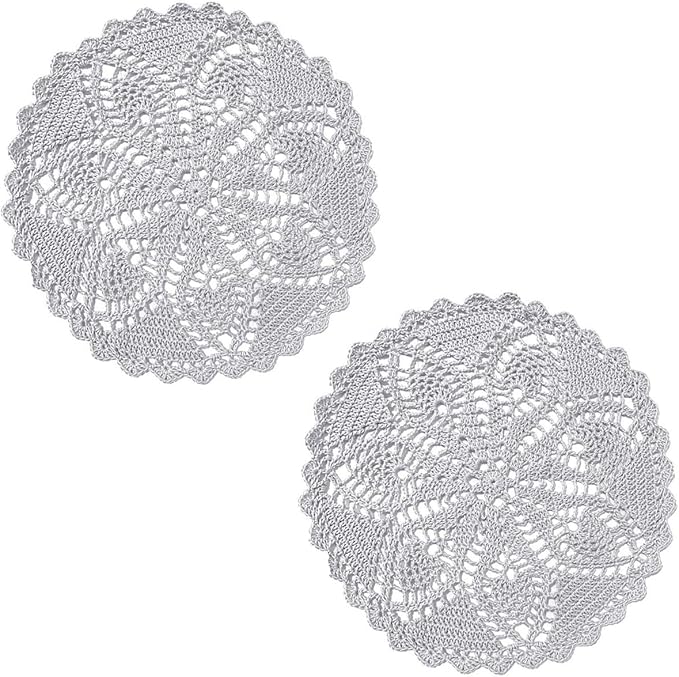 BIBITIME Lace Placemats Table Doilies Round Handmade Crochet Doily Kitchen Cup Mug Mats (Light Grey, 11 to 12 inches-2PC)
