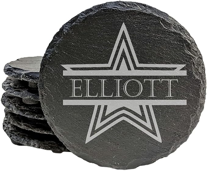 Shining Stars: Personalized Slate Coasters with Name and Star - Round Slate - Set of 4