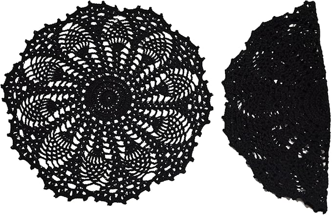 BIBITIME 2pcs 11 inches to 12 inches Lace Doilies Crochet Handmade Lace Coasters Round Placemat Rustic Table Doilies Decors for Kitchen Dining Room Party Dressers Black