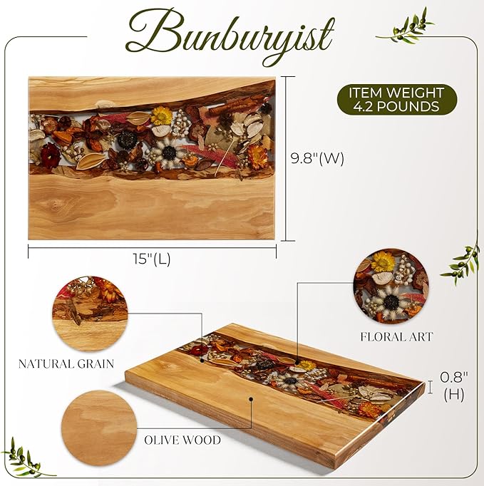 Handmade Olive Wood Charcuterie Boards with Flowers Preserved, Olive Wood Cutting Board, Housewarming Gifts New Home, Wedding Gifts, Birthday Gifts for Woman
